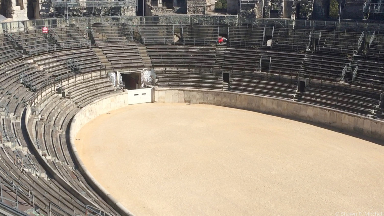 An overview view of the Roman arena in Nîmes, France.